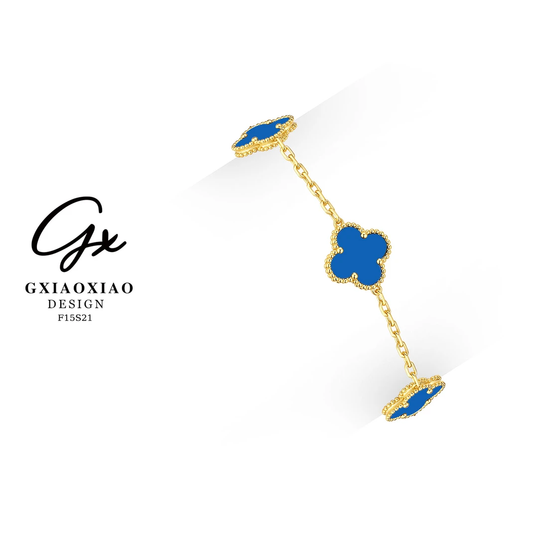 925银 镀K金 【金缕蓝心】百搭蓝色四叶花朵手链 F15S21