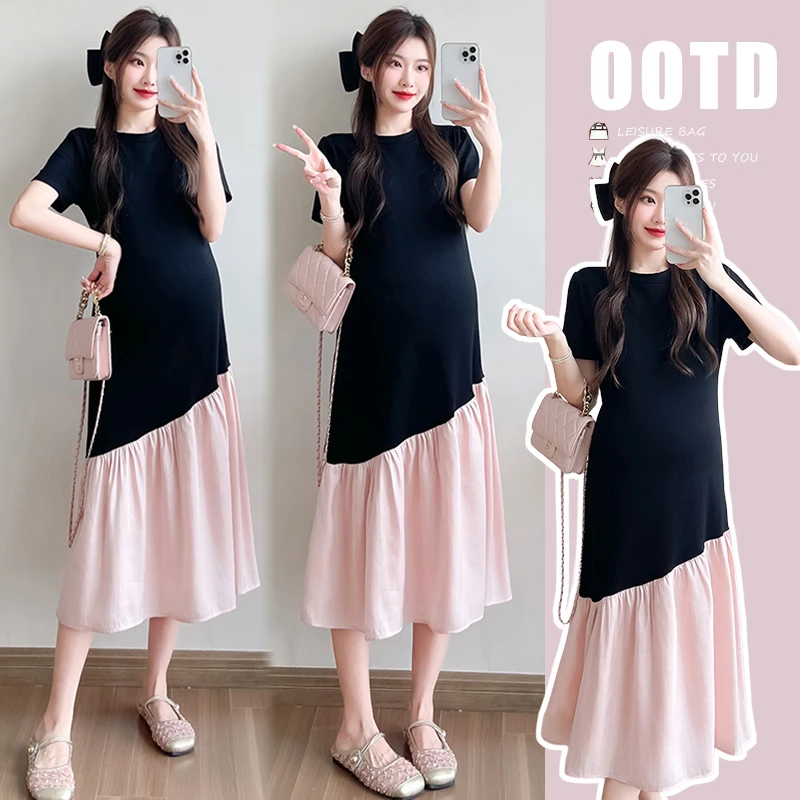 孕妇装2025夏装新品韩版时尚宽松简约拼接假两件休闲中长款连衣裙