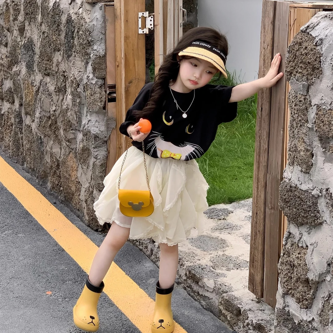 女童黑色喵咪短袖+纱裙套装韩版时髦儿童宽松半袖上衣短裙夏季