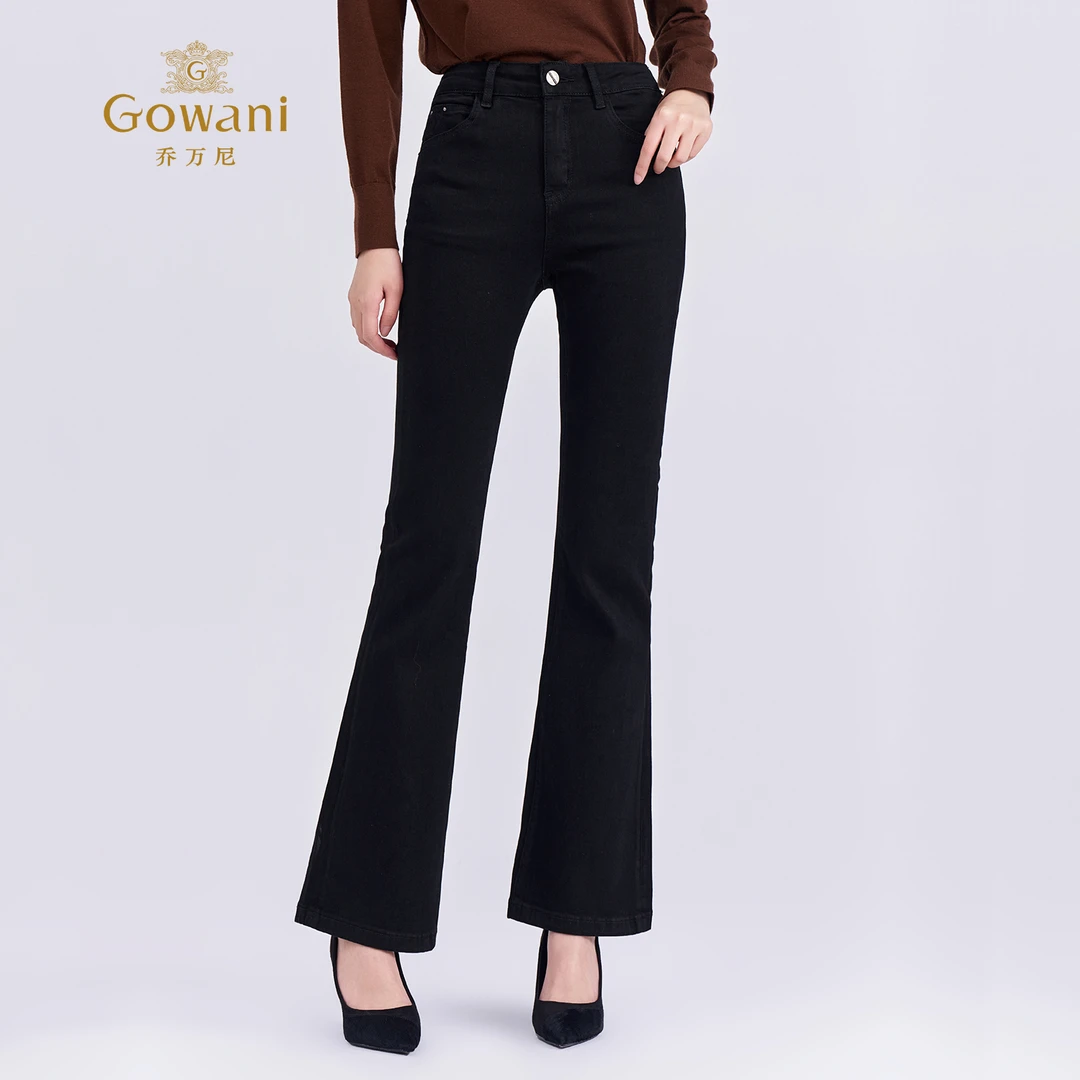 Gowani/乔万尼修身喇叭裤显瘦长裤黑色高腰厚款弹力牛仔裤EZ3F167