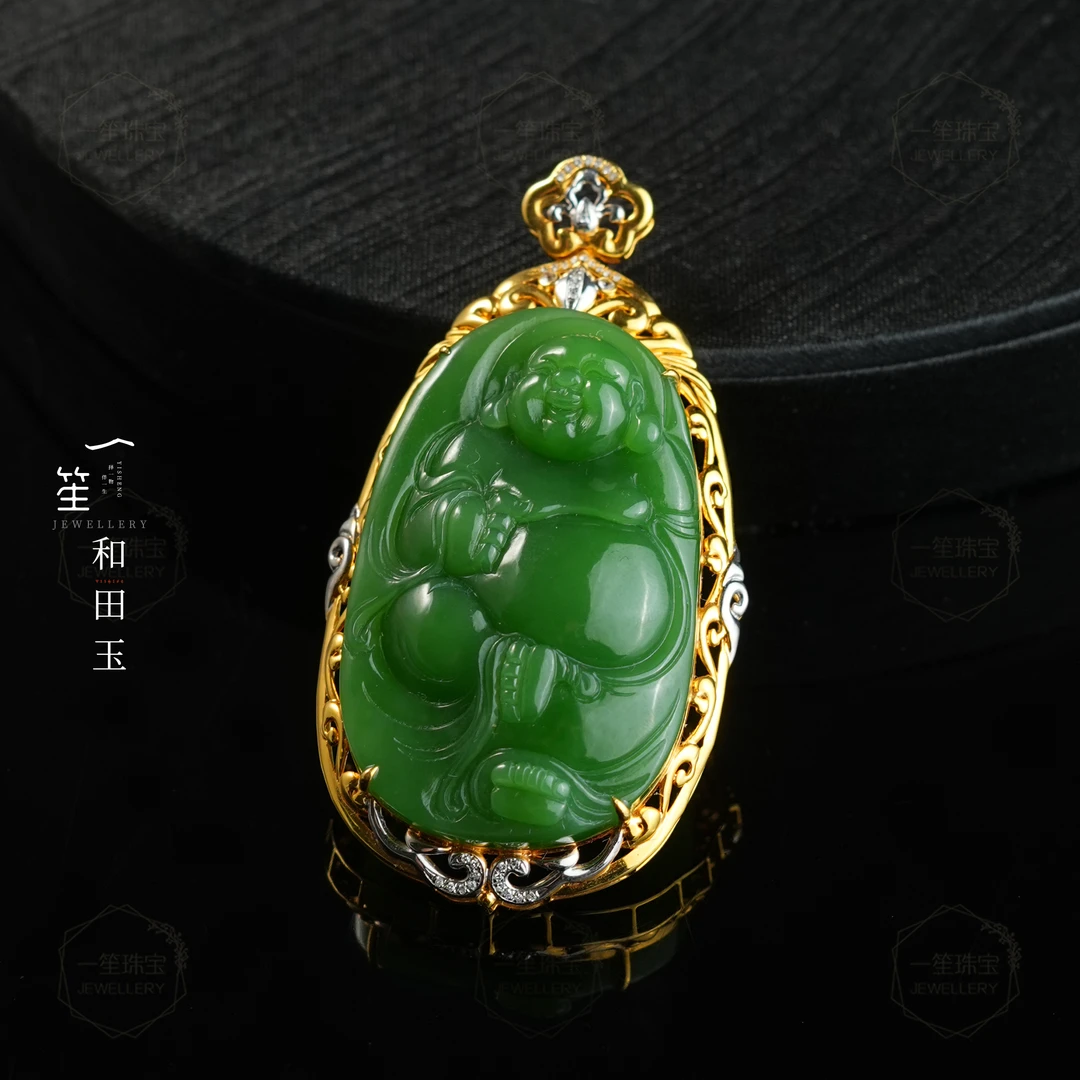 【一笙珠宝】天然和田玉收藏级碧玉逍遥佛吊坠18k镶嵌约46x29x9mm