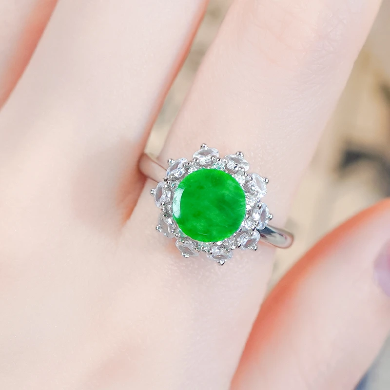 时尚百搭豪镶花瓣天然满绿翡翠A货龙石银白色圆牌戒指（小号）