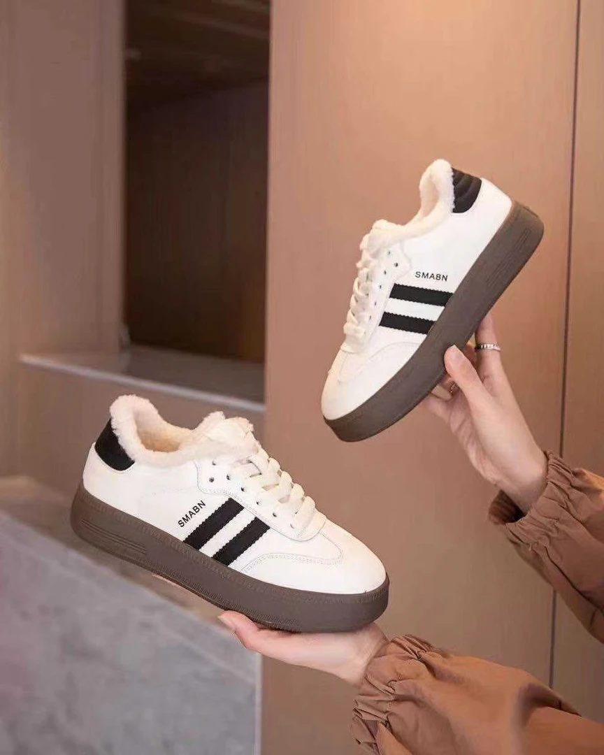 24年冬季新款圆头厚底拼色加绒保暖休闲德训鞋