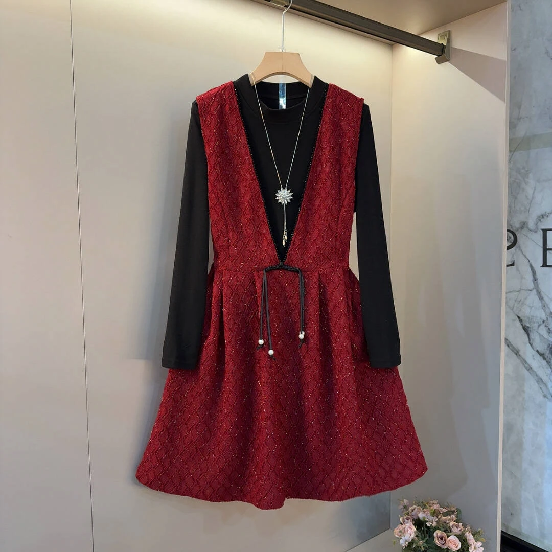 时尚气质小香风盘扣背带连衣裙百搭韩版胖妹妹大码女套装（裙长91）