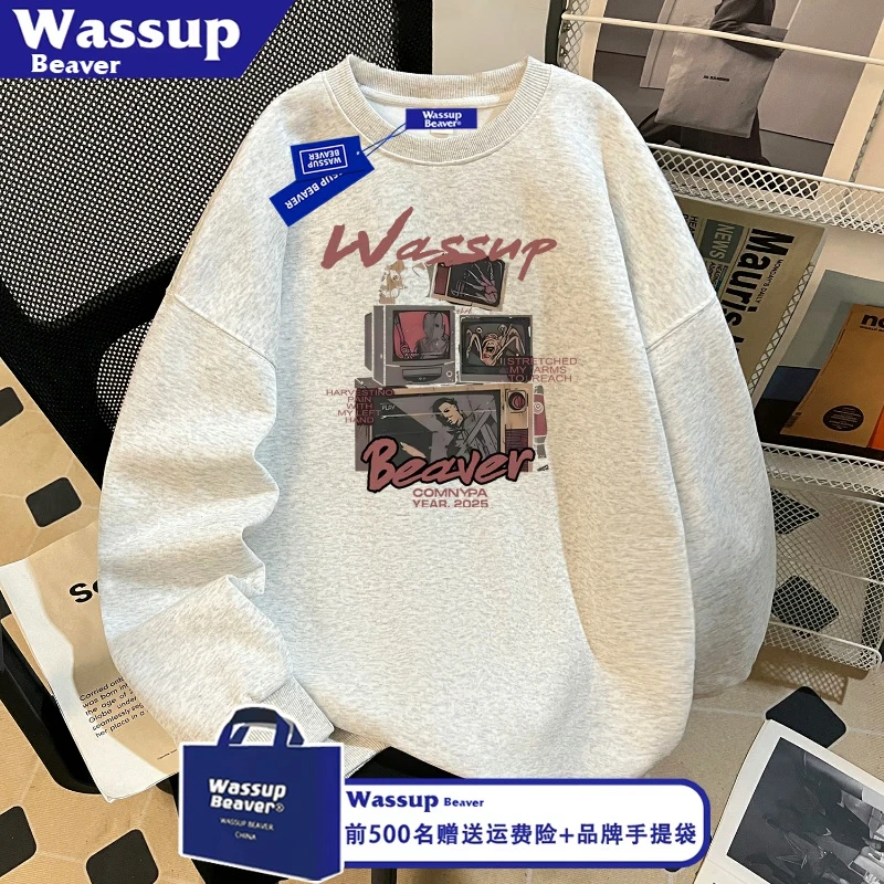 WASSUP BEAVER美式复古印花加绒圆领卫衣男女情侣潮流帅气套头衫
