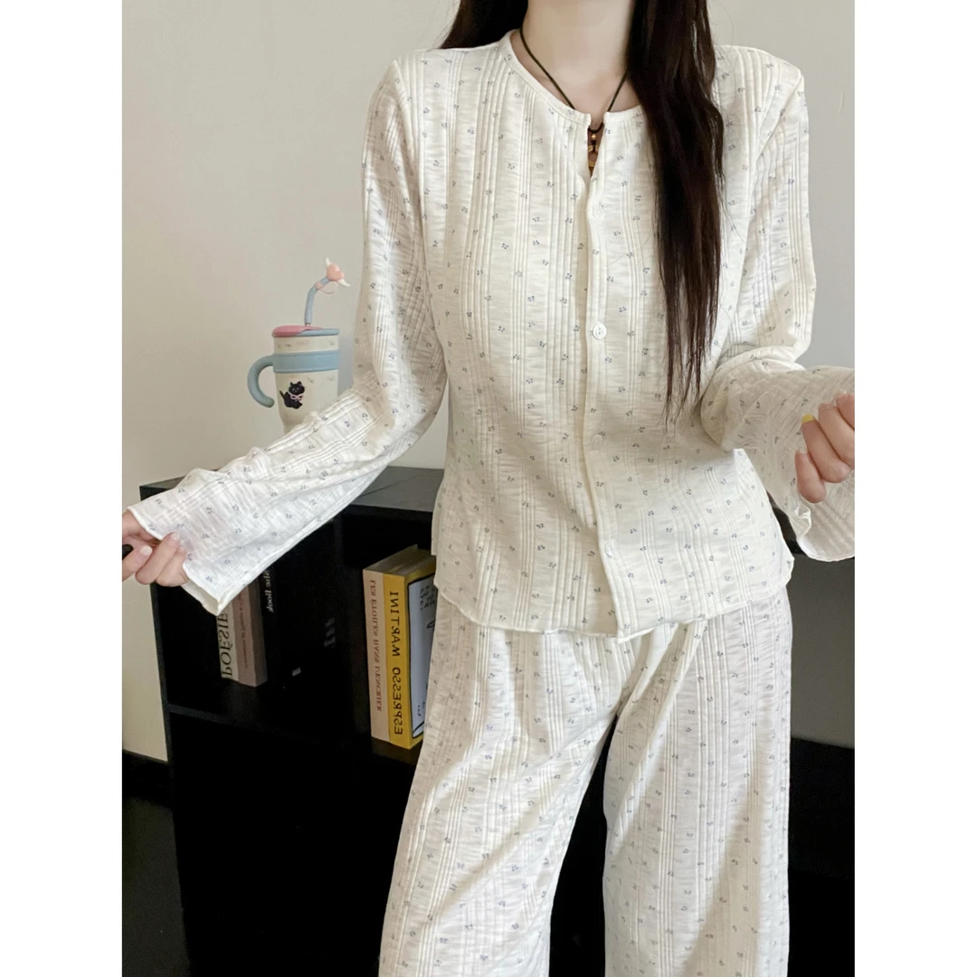 甜美简约休闲小清新碎花睡衣女春秋新款长袖长裤可外穿家居服套装