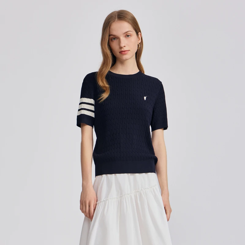 POLOWALK女式短袖针织衫2025夏季新品圆领毛衫休闲半袖通勤上衣