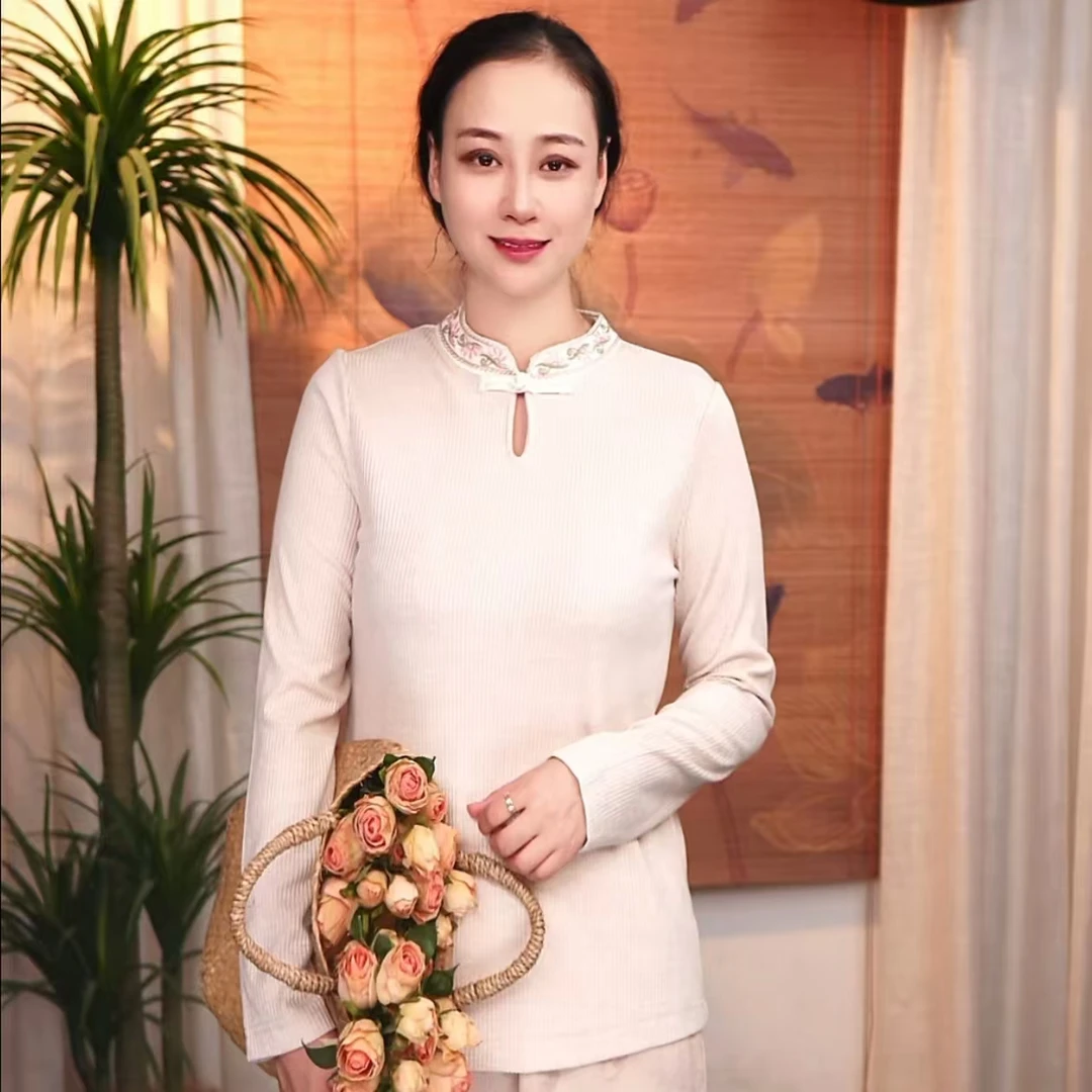 【胖宝推荐】立领刺绣常规款纯色提花长袖打底中国风小衫8116-1