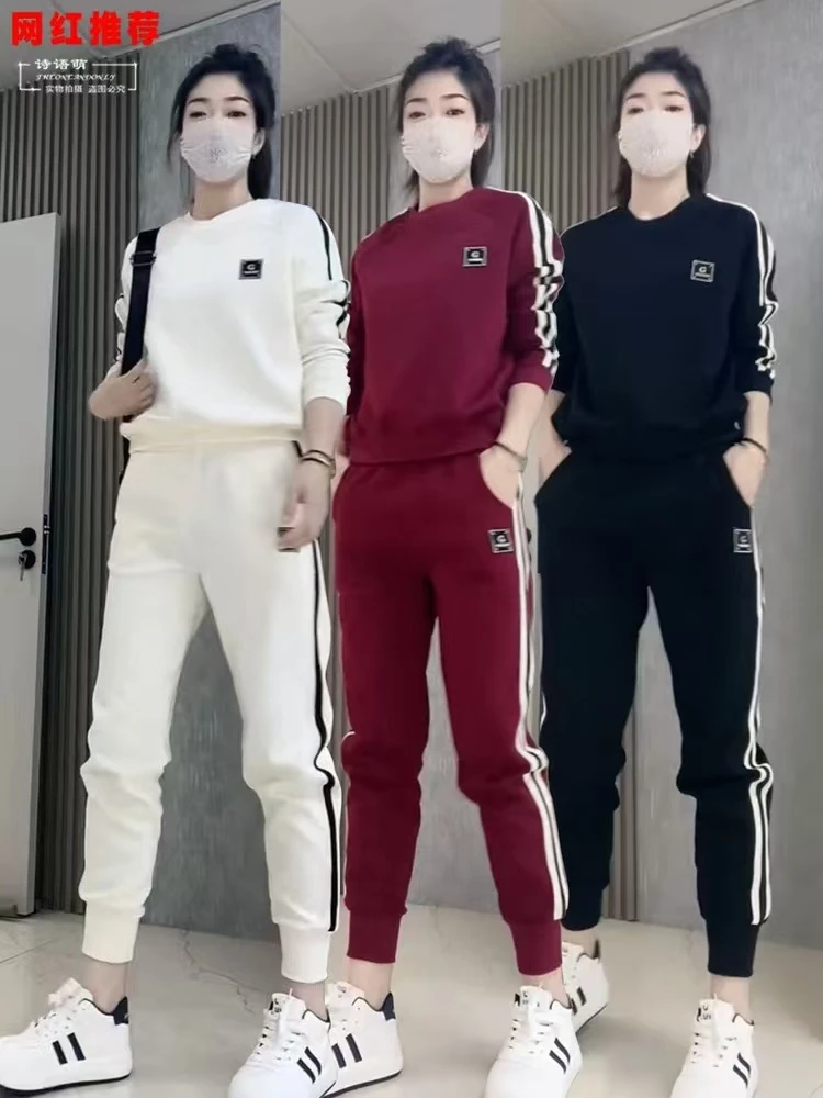 休闲运动服套装女2025春秋新款韩版显瘦拼接宽松卫衣束脚裤两件套