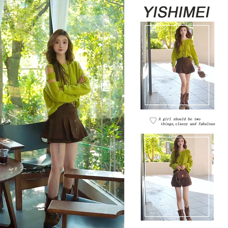 2025秋季新款时尚减龄露肩长袖毛衣设计感百褶高腰A字短裤裙套装