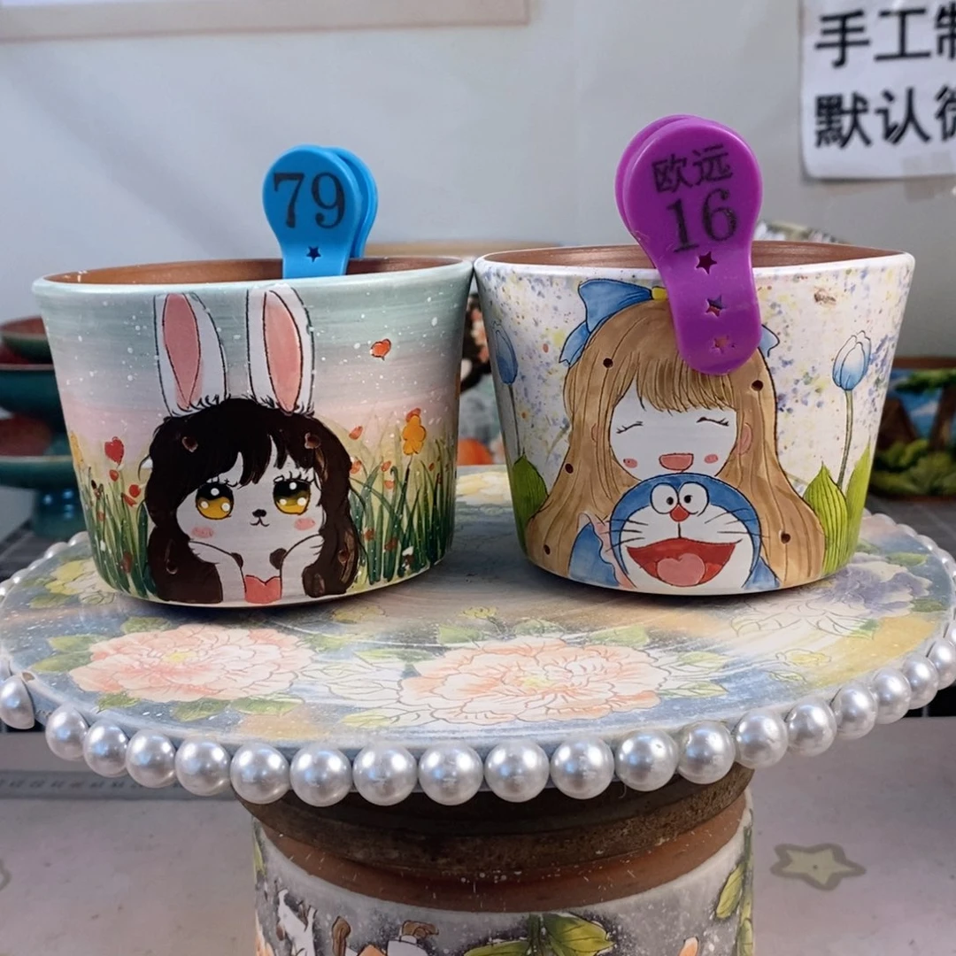 紫砂花盆红陶手绘花盆