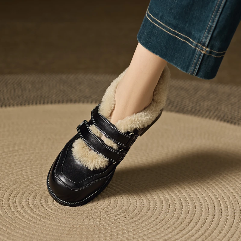 VICEN FIFI3cm/毛毛乐福鞋女2025新款双扣带一脚蹬加绒保暖豆豆鞋
