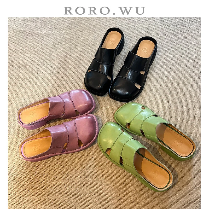 娆娆吴.头层牛皮包头女拖鞋夏季镂空时尚百搭懒人半拖凉拖鞋T158