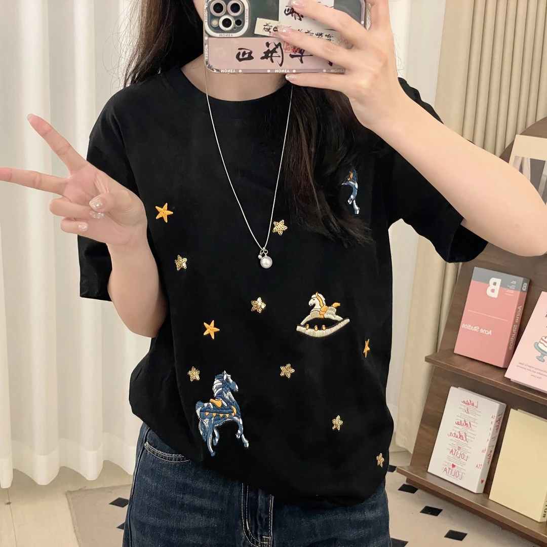 大码300斤美式复古趣味卡通刺绣短袖纯棉T恤男女宽松情侣装上衣潮