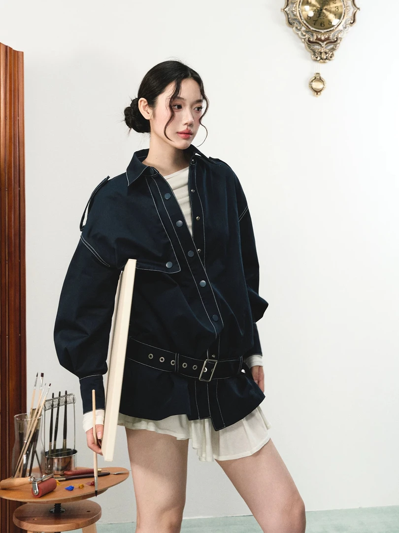 L1家纯棉系带短款廓形风衣女秋季美式复古宽松气质外套