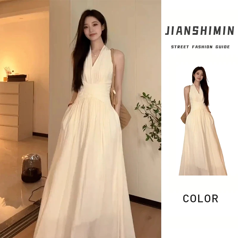 法式气质无袖挂脖v领连衣裙女2025夏新款纯欲慵懒风女装大摆长裙