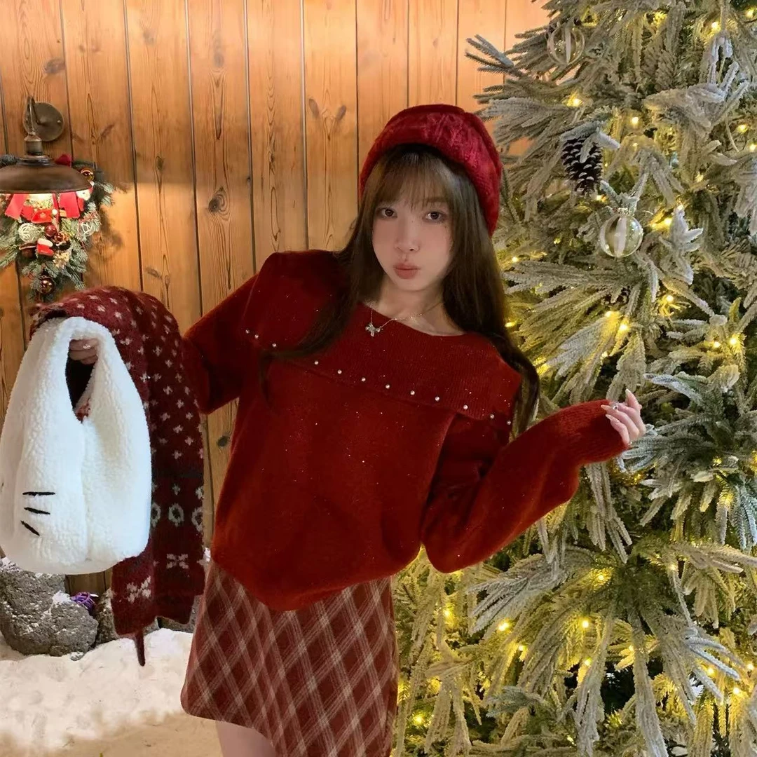 8525冬季红色喜庆毛衣针织衫特色领亮闪短款上衣长度54