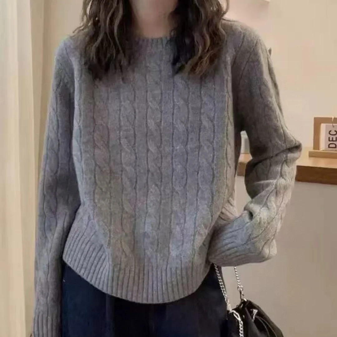 韩系风~100%纯羊毛衫内搭针织打底绞花圆领宽松加厚软糯毛衣25293