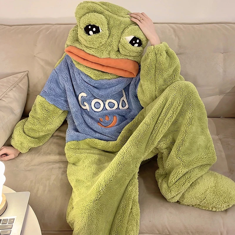 悲伤蛙睡衣连体冬加厚珊瑚绒卡通可爱搞怪青蛙睡袍爆款加绒家居服