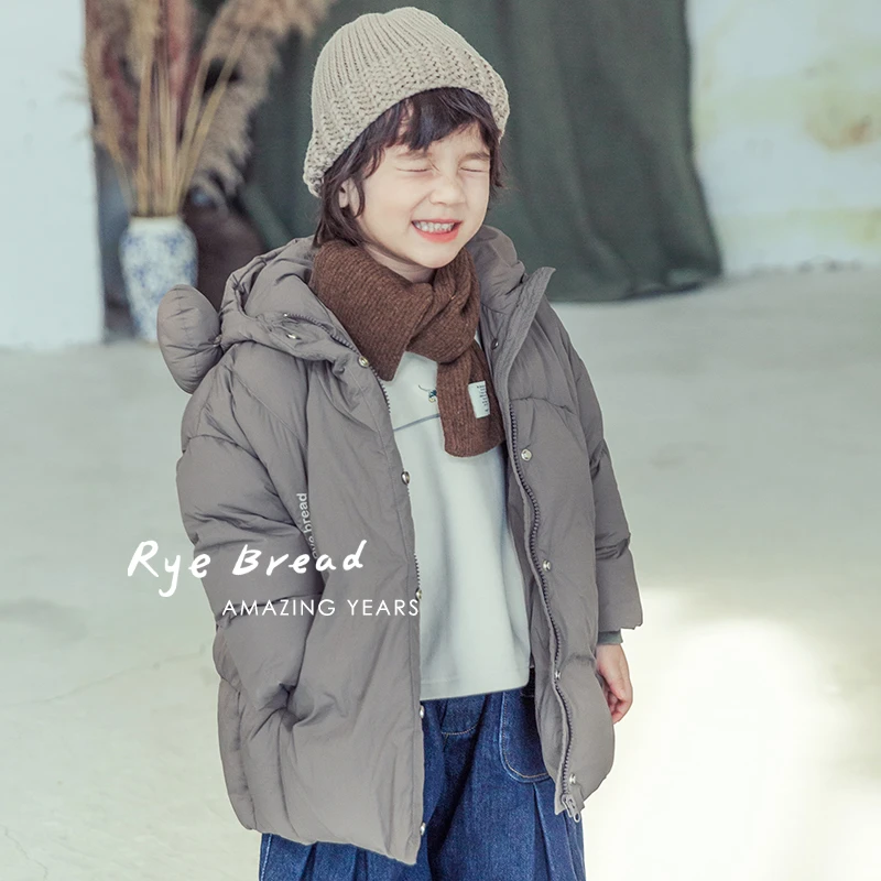 ryebread/黑面包童装 白鸭绒男小童纯色连帽宽松羽绒服4冬