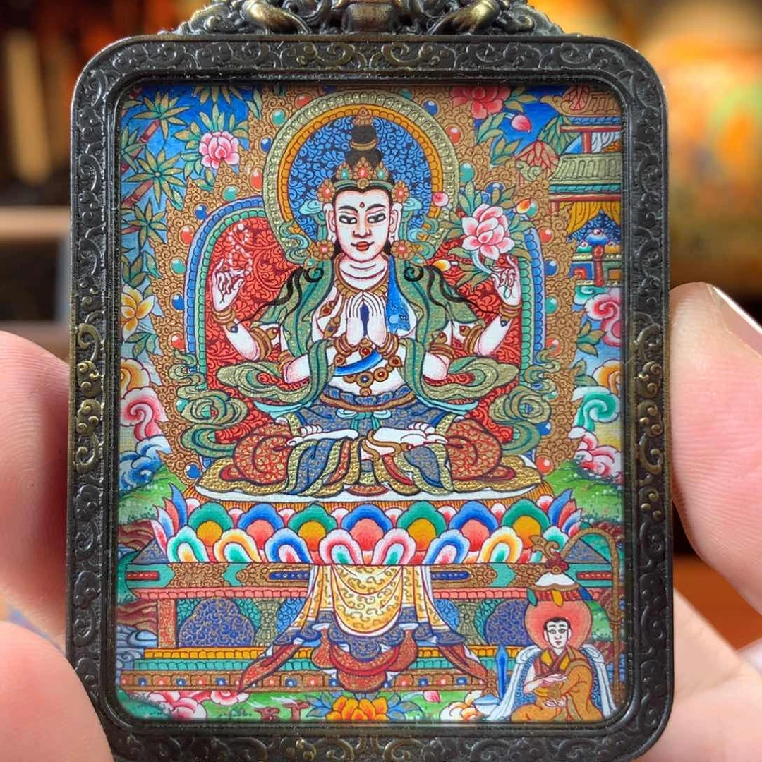 吊坠热贡纯手绘唐卡四臂