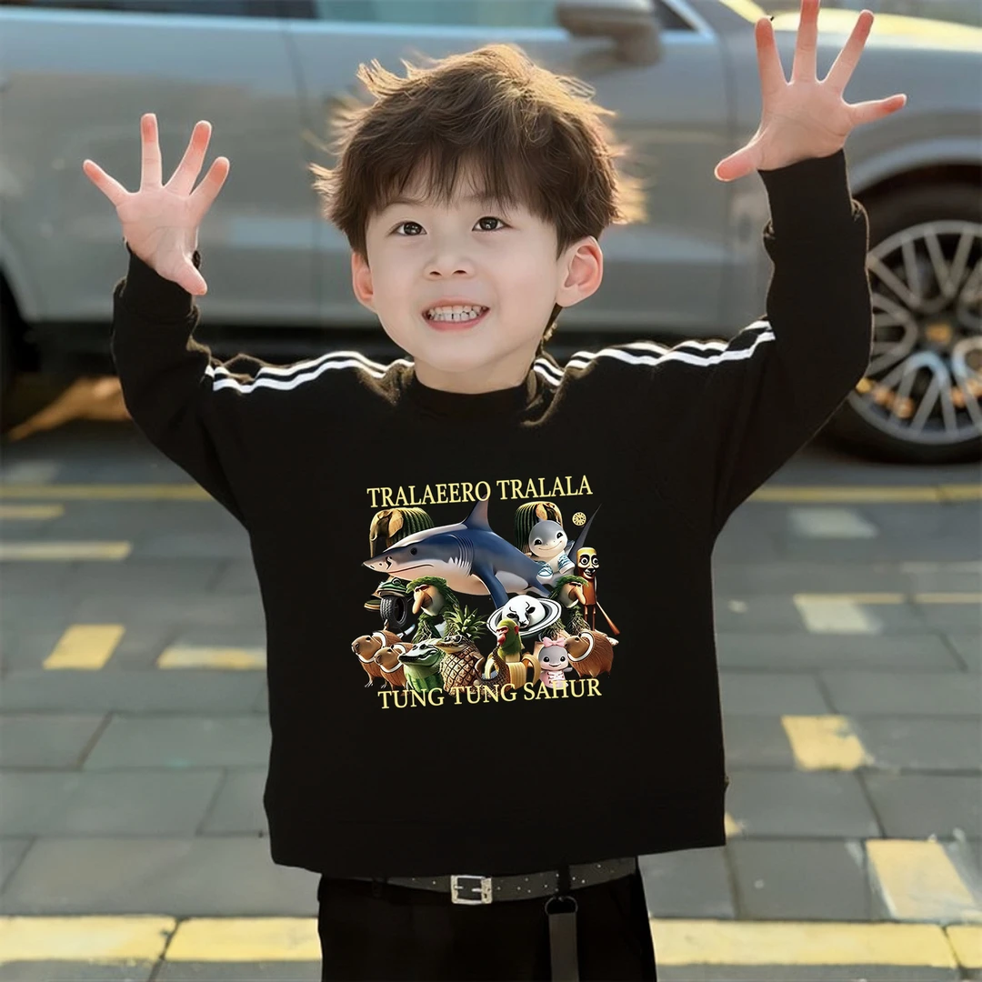 2025潮款外国山海经秋冬潮酷痞帅童装儿童纯棉长袖学生三条杠T桖