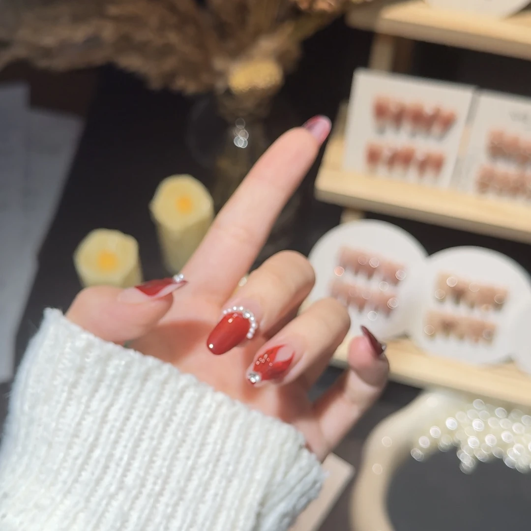 Y015【虞美人】秋冬纯手工高级显白红色穿戴甲工具配齐
