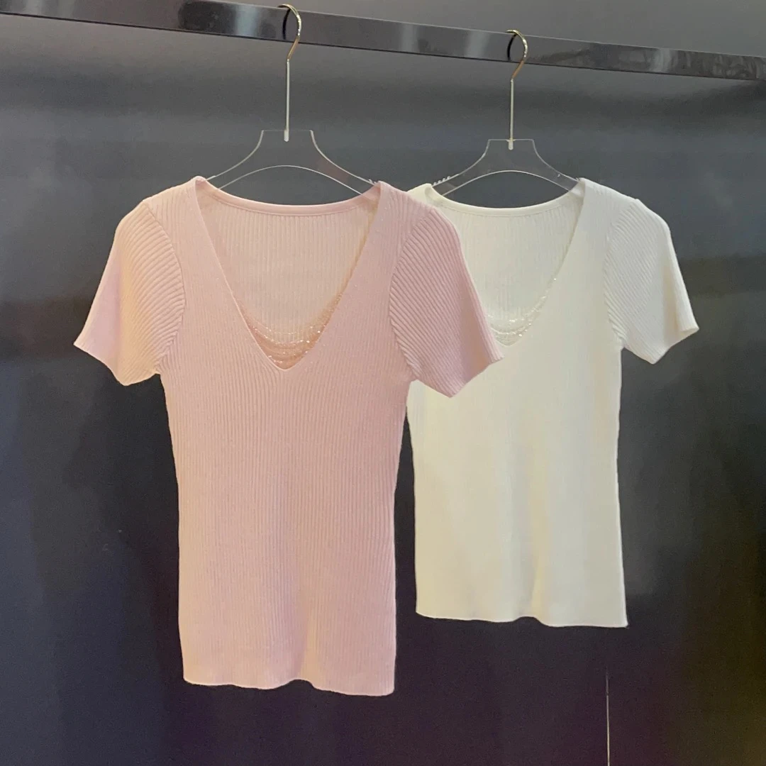 魅鹊 52051 小众设计感轻奢钉珠洋气修身短袖针织衫