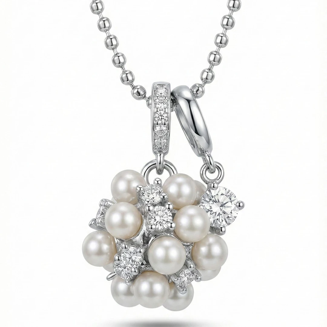 铜合金合成锆石项链 镀白金【花团锦簇】摩卡慕斯珠镶锆石项链E102