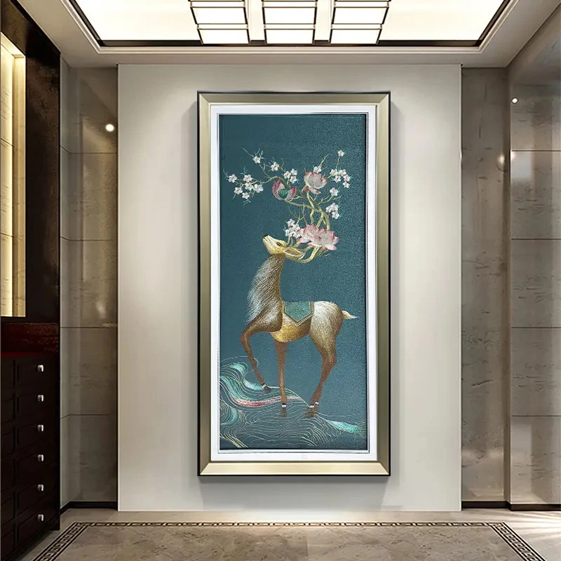 【酷莱】鹿角开花刺绣立体玄关装饰画现代简约走廊过道挂画80*160JH