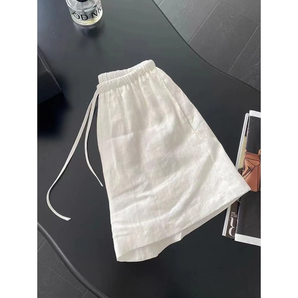 夏季时尚韩版薄款亚麻松紧腰抽绳直筒阔腿休闲白色宽松简约短裤女