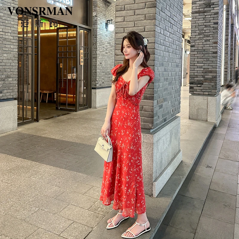 复古红色碎花连衣裙女夏季2025新款泡泡袖显瘦短袖气质a字长裙子