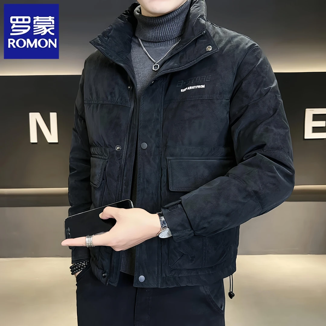 罗蒙麂皮立领羽绒服男士冬季新款潮牌加厚保暖高端休闲外套韩版潮