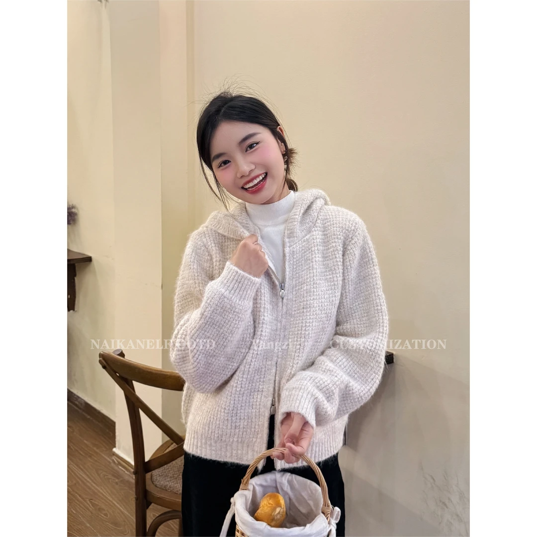 奈看小个子【定格冬日】慵懒风格纹连帽毛衣针织拉链开衫外套