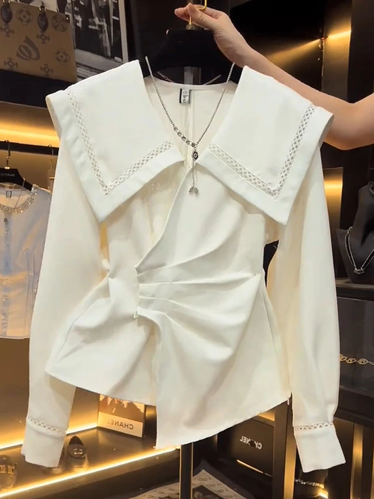 法式设计感不规则长袖衬衫女2025年春收腰气质小众高级海军领上衣