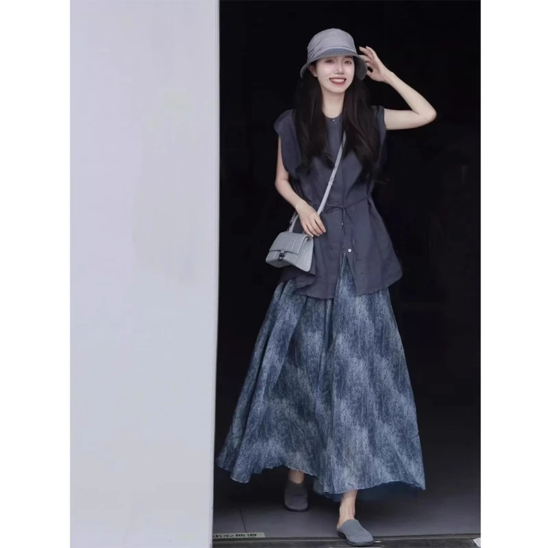 韩系女神范休闲慵懒风高级感衬衫套装女夏季气质衬衣半身裙两件套