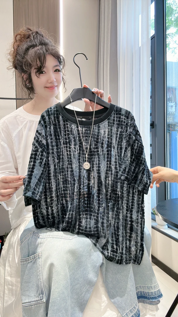 夏季短袖T恤2025新款中大童韩版宽松黑色晕染提花短袖T恤