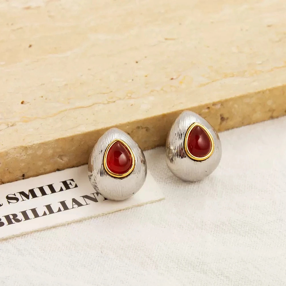 铜合金耳饰 豆豆同款复古红瑙水滴银针耳钉小众轻奢耳饰2516