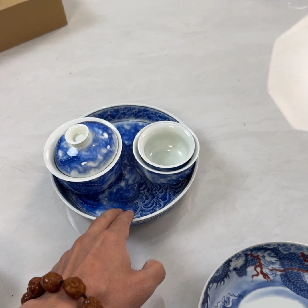 摆件陶穷青花龙吸水四件套