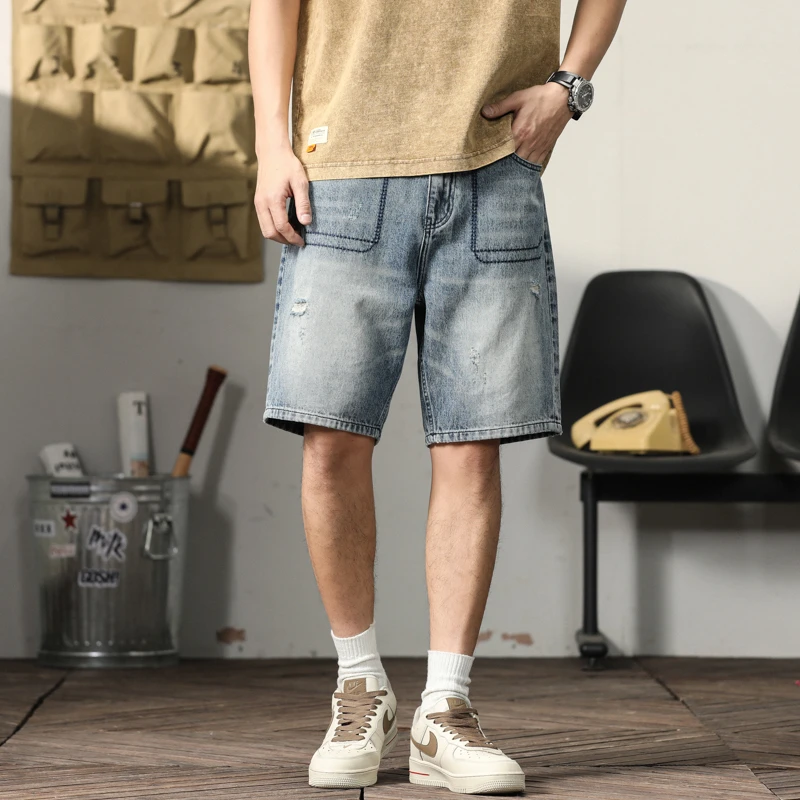 男士牛仔短裤直筒宽松美式休闲2023夏季薄款中裤潮牌五分裤男