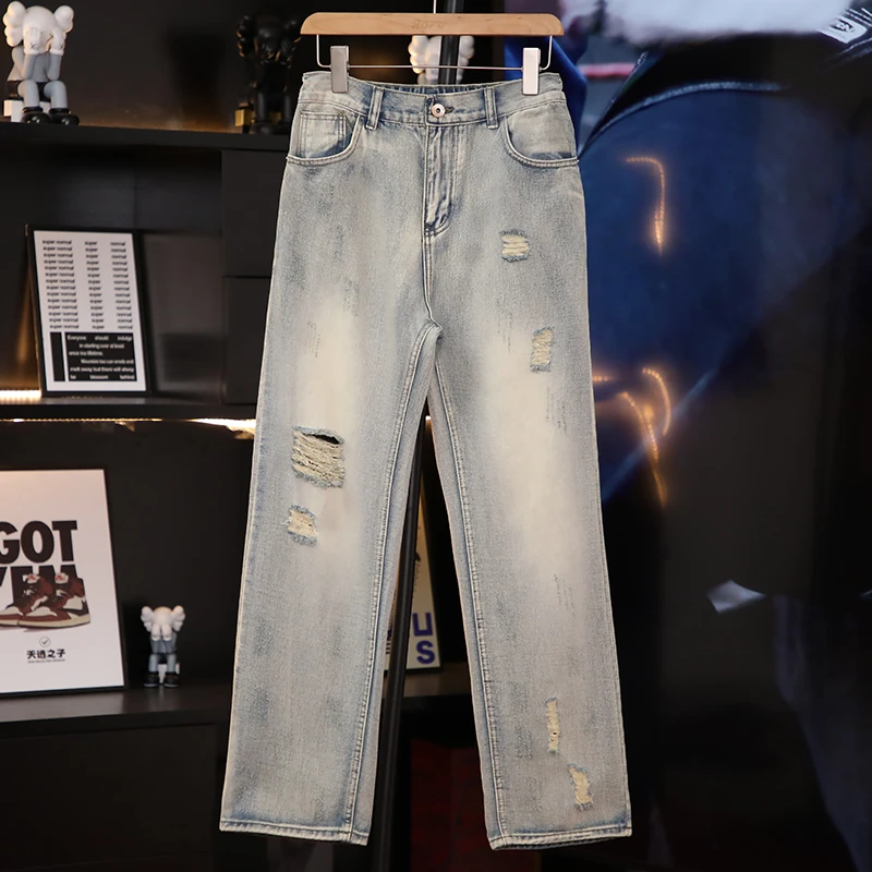 美式潮流复古破洞牛仔裤男士休闲直筒宽松松紧腰弹力阔腿长裤男潮
