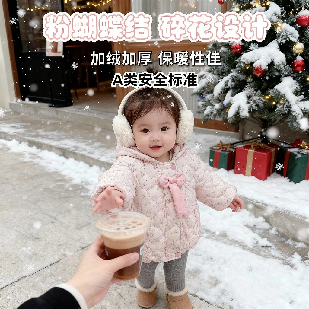 【樱花少女】女童加绒加厚带帽粉蝴蝶结保暖碎花洋气棉服SJ-B-D009