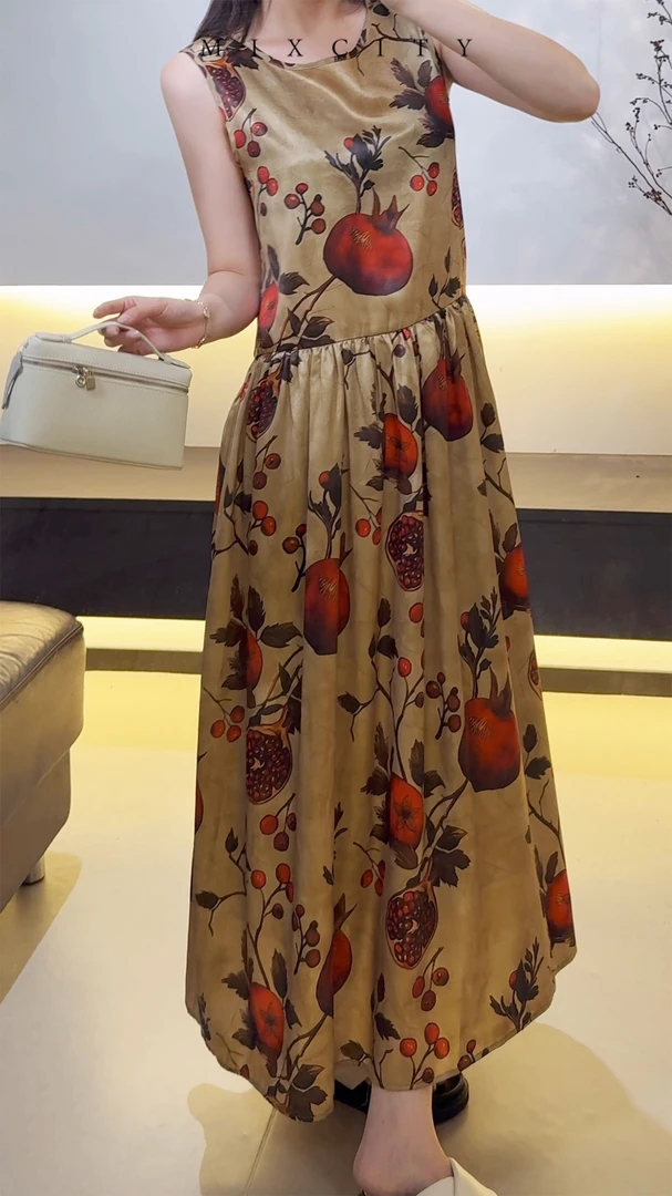 【亚楠本楠】石榴裙◆复古优雅红石榴印花真丝连衣裙8239