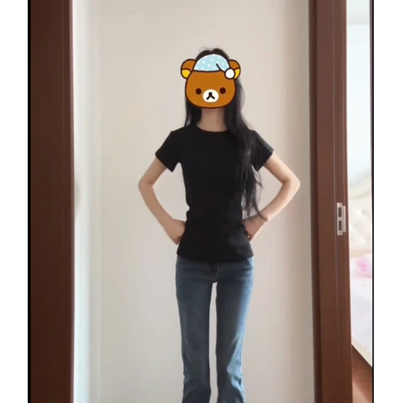 美式复古黑色正肩短袖T恤女春秋新款修身显瘦内搭打底衫辣妹上衣