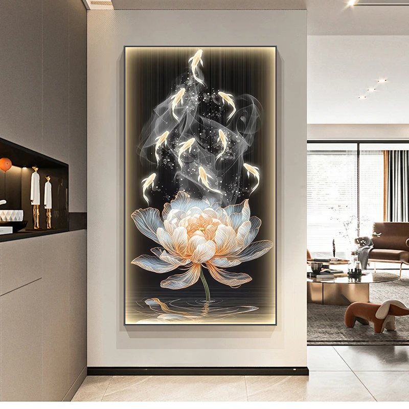 X05荷气生财玄关走廊尽头入户轻奢壁画九鱼正对门装饰画80*160
