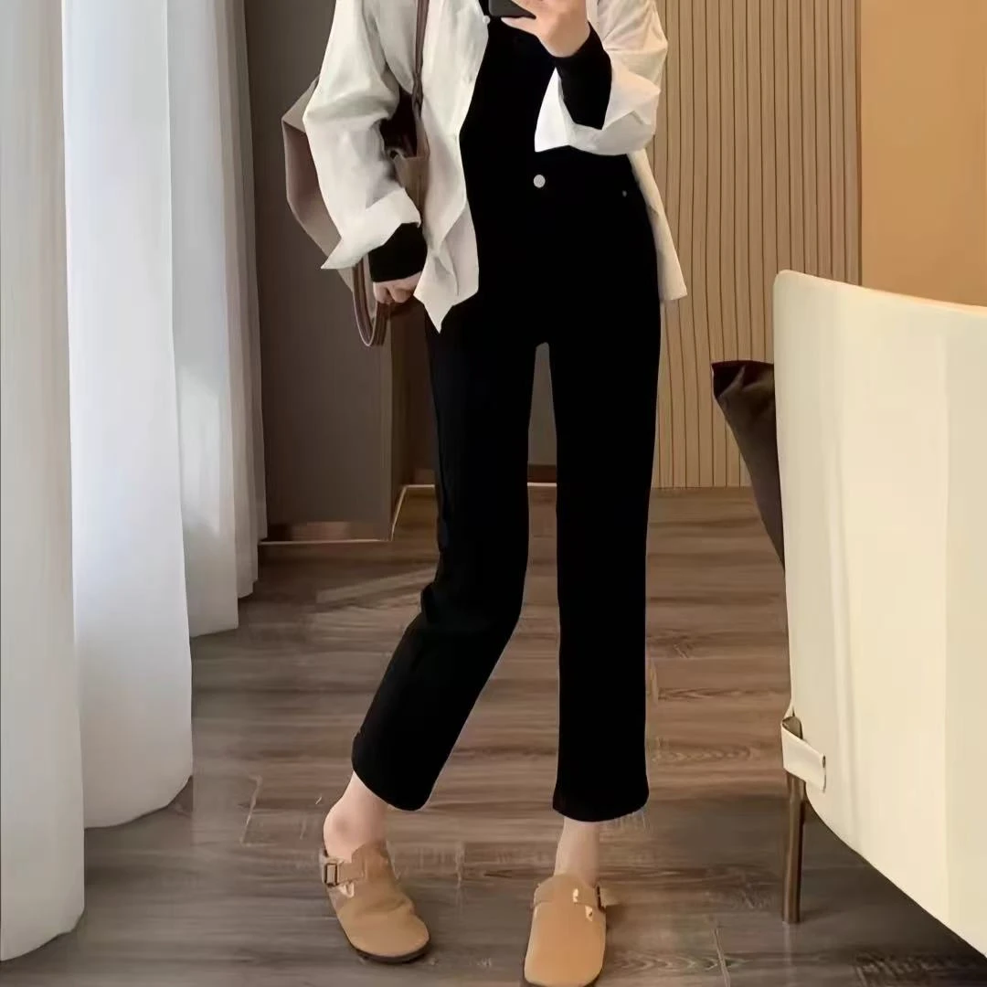 牛仔裤女2025夏季新款韩版高腰弹力显瘦大码直筒黑白色烟管裤子