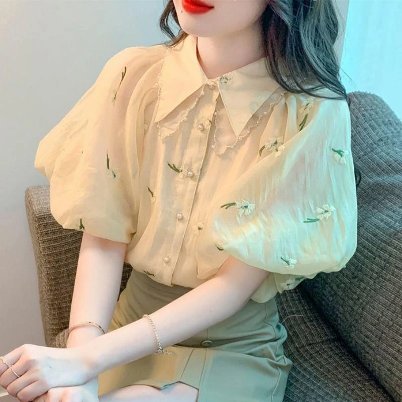 法式雪纺衬衫女士夏季时髦洋气减龄衬衣泡泡袖碎花上衣设计感小众