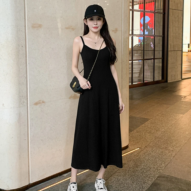 黑色吊带裙春夏装新款大码时尚收腰显瘦外穿气质长款连衣裙女