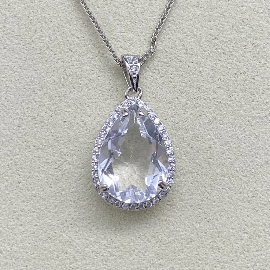 水滴天然白水晶吊坠s925银主石10*14mm经典简约大方时尚百搭A