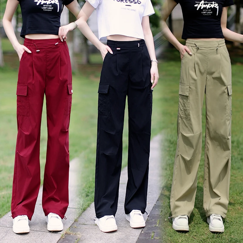 美式工装裤女小个子夏季薄款2025年新款宽松高腰直筒休闲红色裤子